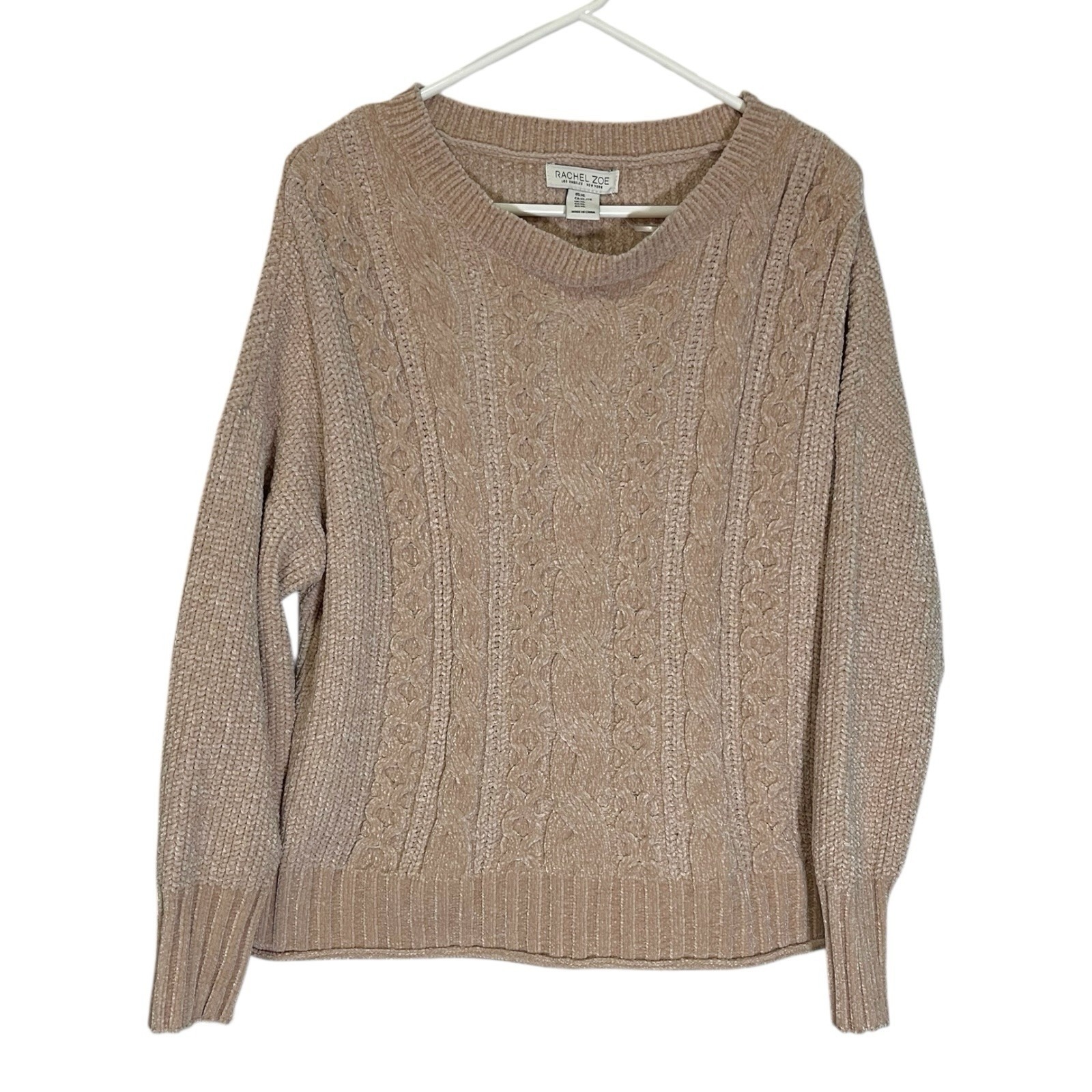 Rachel Zoe Xl Tan Sweater Cable Knit Chenille V-Neck Cozy Neutral Minimalist